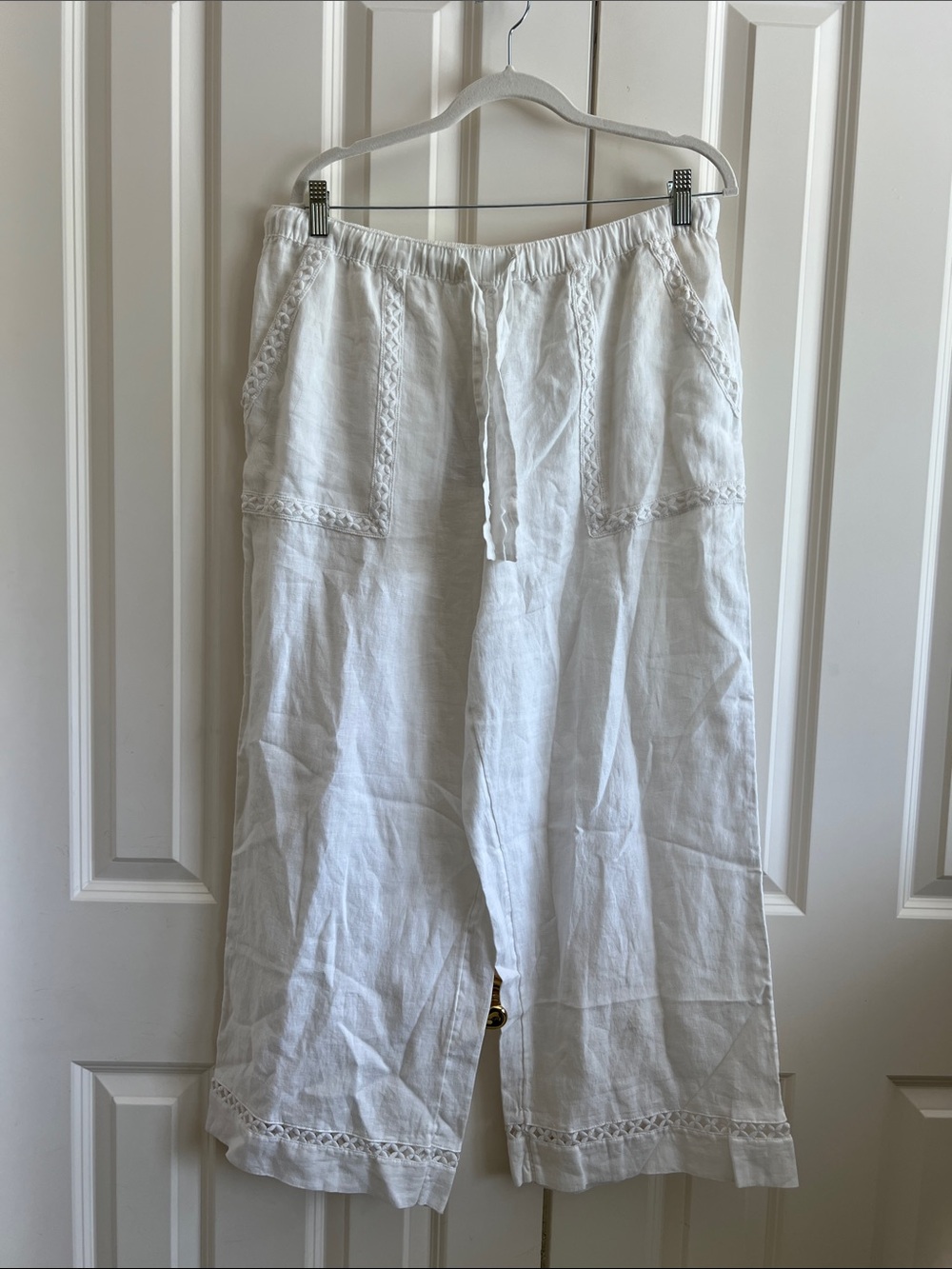 Joie White Linen Drawstring Pants with Crochet Trim